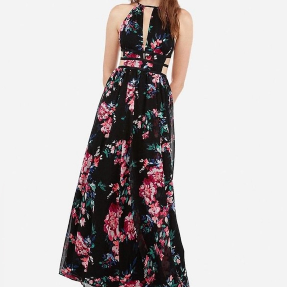 FLORAL PLUNGE STRAPPY SIDE CUT OUT MAXI DRESS - Picture 1 of 4